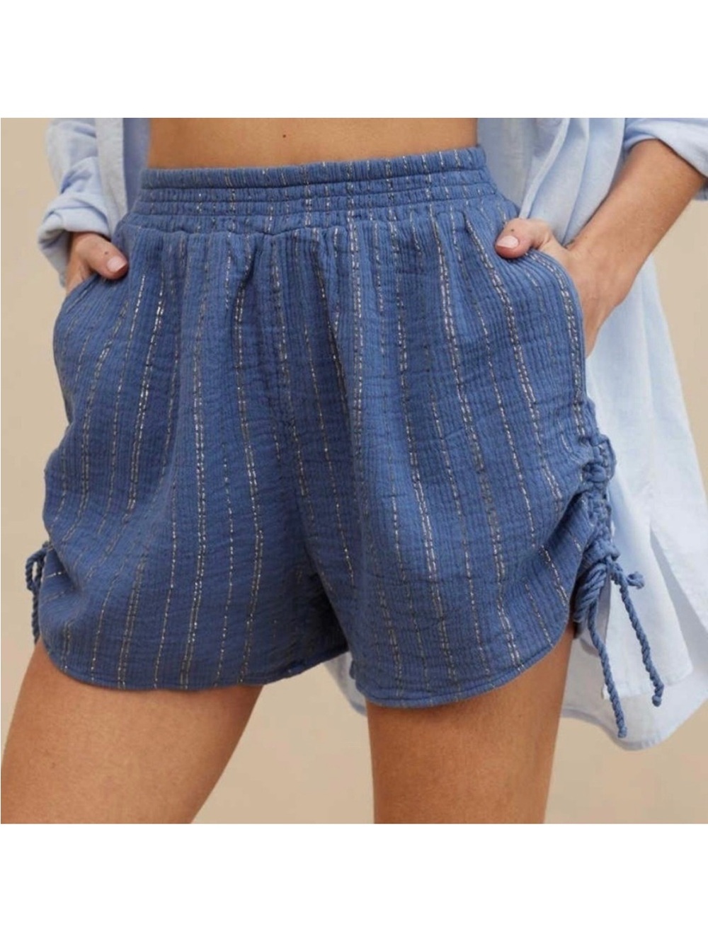 aerie Navy Blue High-Waist Pull-On Shorts with Metallic Thread
